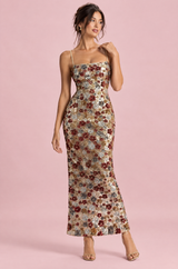 Robe courte dorée ornée de sequins à motifs floraux, à col rond