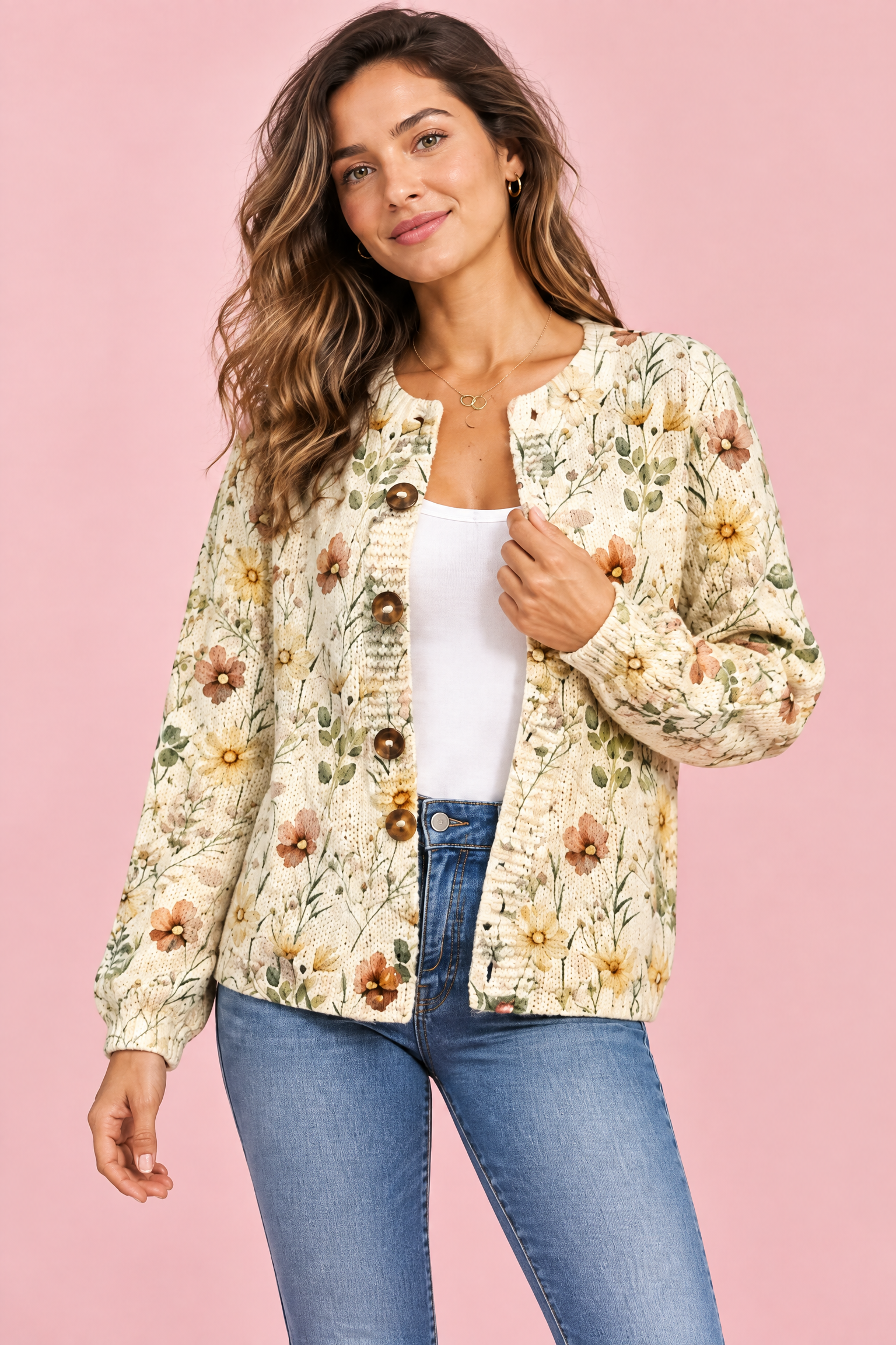 Cardigan fleuri boutonné crème | Vue rapprochée | Lounelle Paris
