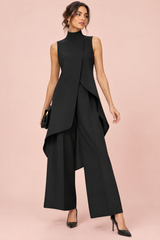 Ensemble pantalon noir fluide avec top sans manches à col montant