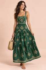 Robe longue vert forêt fleurie à volants