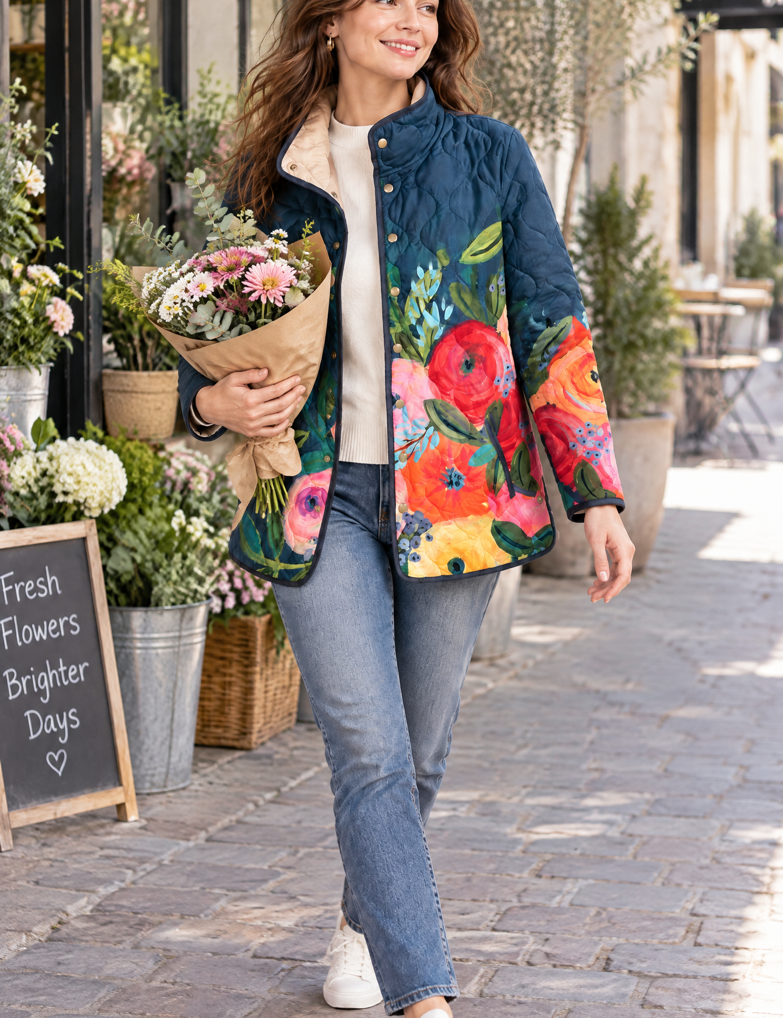 Veste matelassée bleu marine à col montant | Photo lifestyle | Lounelle Paris