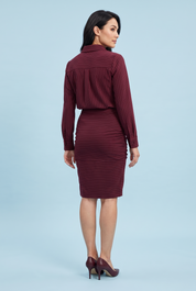 Ensemble chemise et jupe bordeaux à fines rayures | Vue de dos | Lounelle Paris