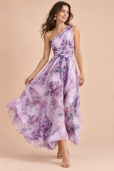 Robe fleurie violette claire à une épaule