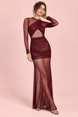 Robe longue moulante bordeaux à fronces
