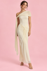 Robe longue moulante froncée asymétrique écrue