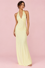 Robe longue jaune pâle à encolure dos nu et fronces