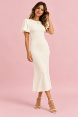 Robe midi écrue à manches bouffantes
