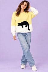 Pull oversize jaune à motif chat