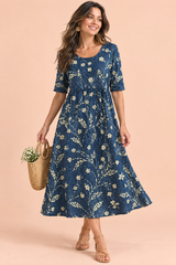 Robe midi trapèze à motif floral bleu marine