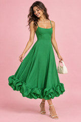 Robe midi verte évasée à bas volanté