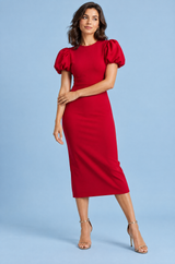 Robe midi rouge à manches bouffantes