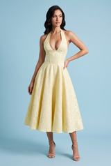 Robe midi jacquard à encolure dos nu jaune