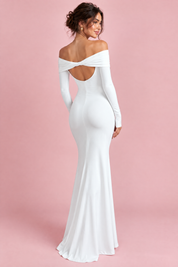 Robe longue blanche asymétrique à fronces et drapé | Vue de dos | Lounelle Paris