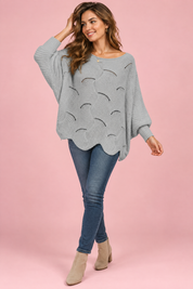 Pull gris oversize ajouré à col bateau | Vue de face | Lounelle Paris