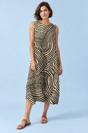 Robe midi écrue rayée sans manches | Vue de face | Lounelle Paris