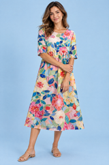 Robe midi trapèze à motif floral blanc cassé