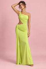 Robe longue verte asymétrique à jupe portefeuille