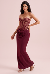Robe longue bustier à corsage corset bordeaux