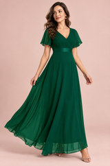 Robe longue plissée vert émeraude à col V