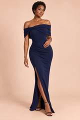 Robe longue bleu marine Bardot à nœud et fente haute