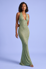 Robe longue à sequins dos nu verte
