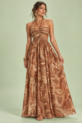 Robe longue marron à col licou et découpes