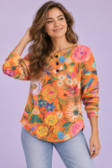 Haut imprimé en maille gaufrée orange