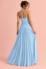 Robe longue bleu clair à encolure carrée et fronces | Vue de dos | Lounelle Paris