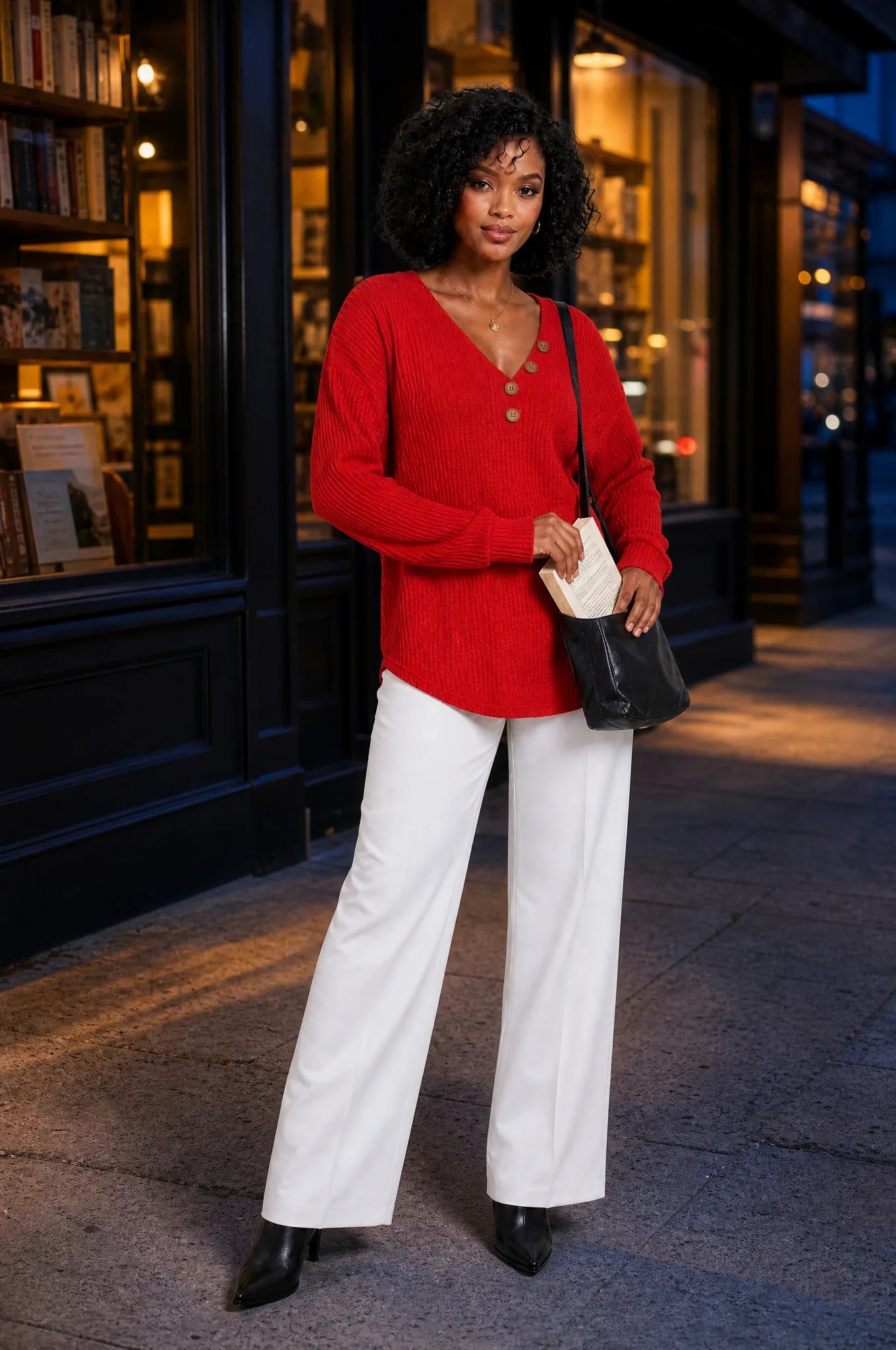 Pull col V maille gaufrée | Variante Rouge - Lifestyle | Lounelle Paris