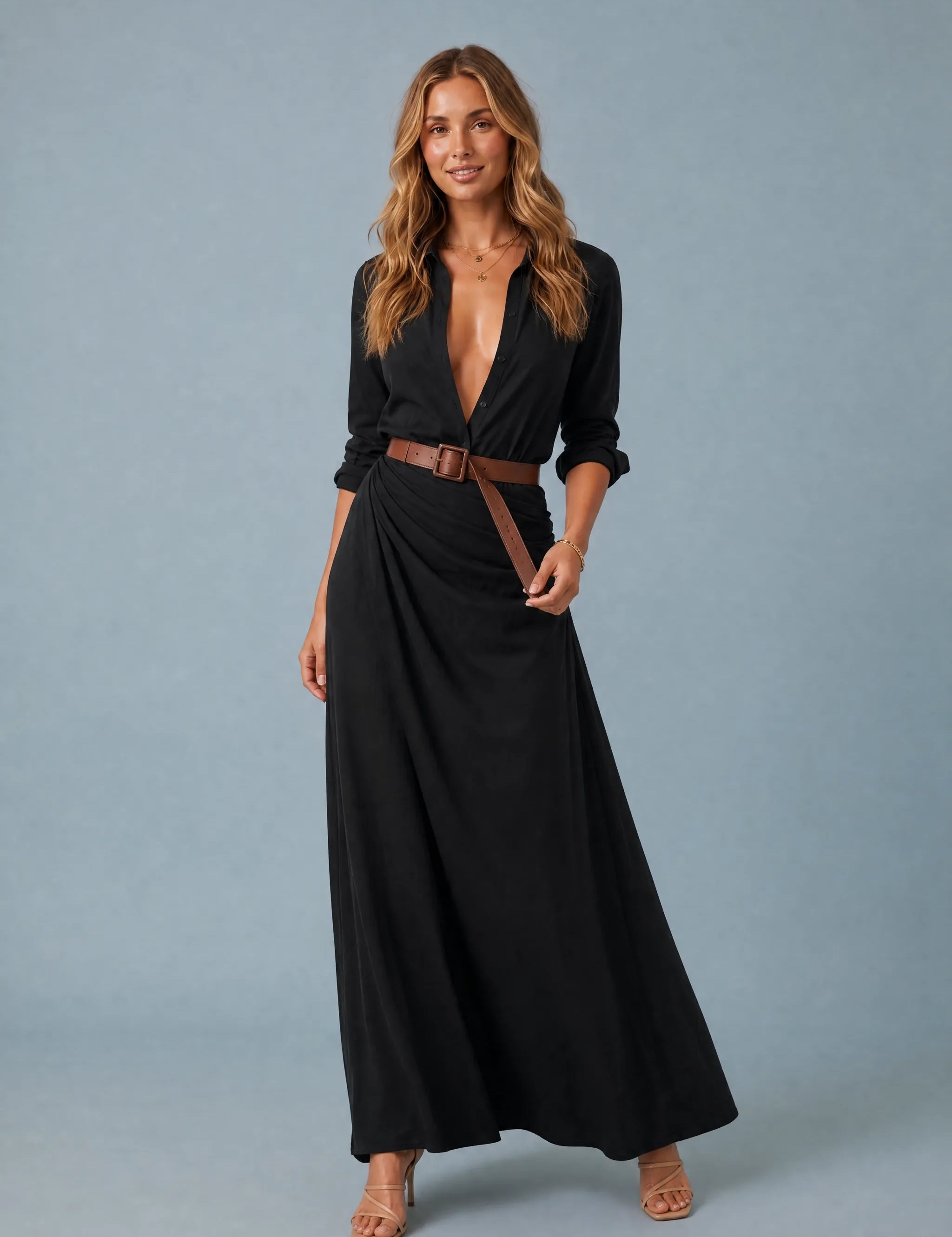 Robe col chemise ceinturée | Variante Noir | Lounelle Paris