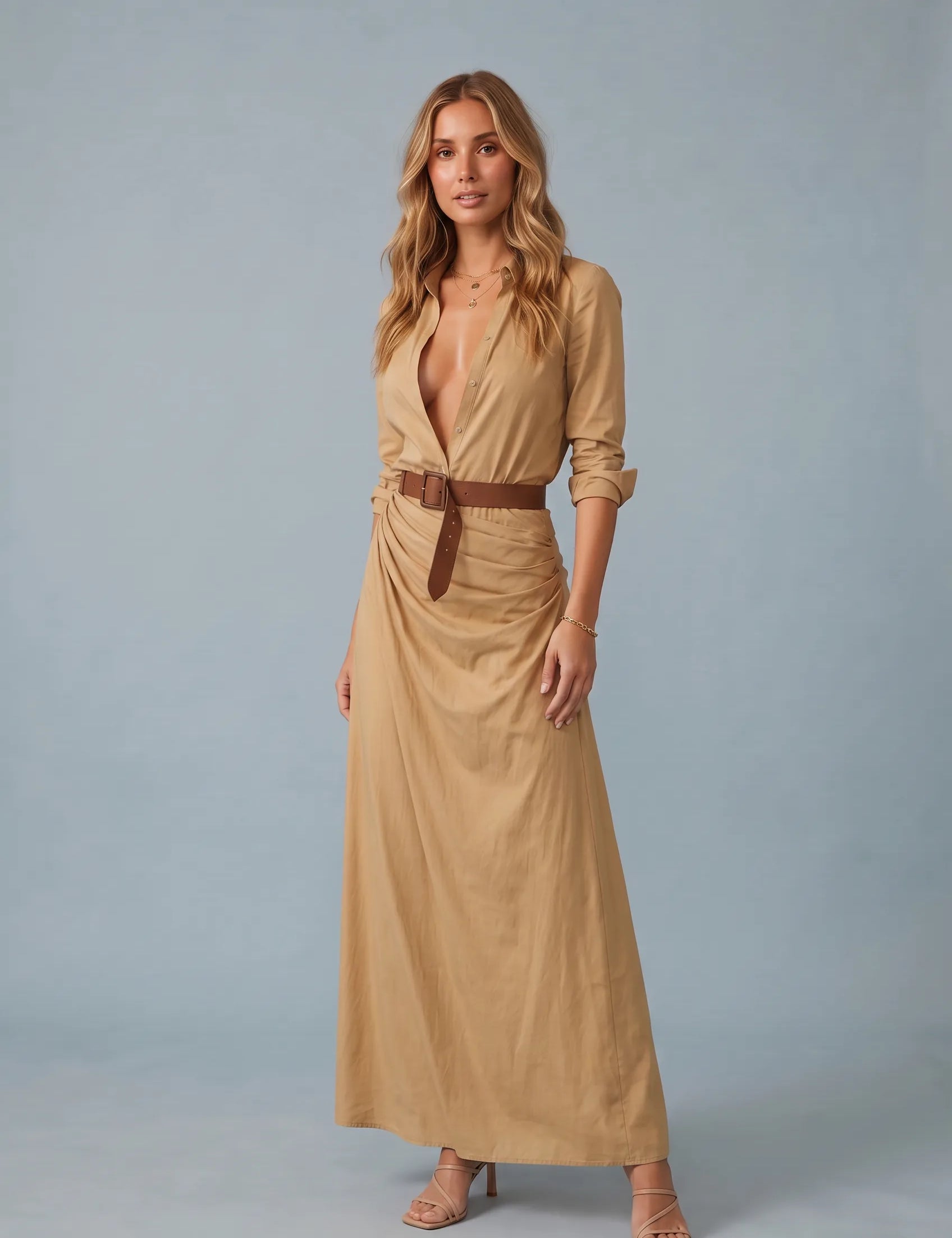 Robe col chemise ceinturée | Variante Beige | Lounelle Paris