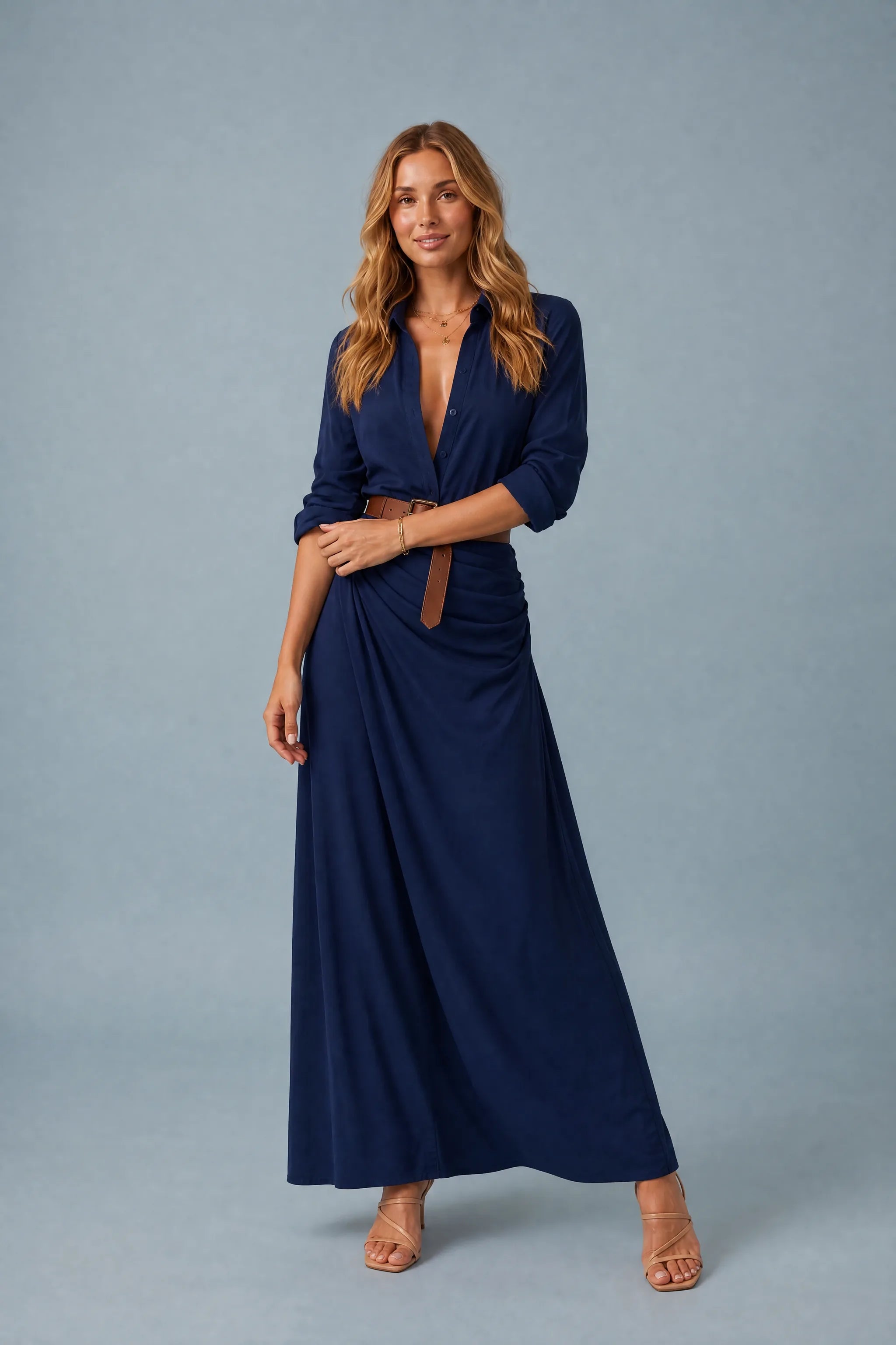 Robe col chemise ceinturée | Variante Bleu marine | Lounelle Paris
