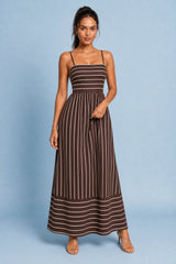 Robe longue beige rayée dos nu