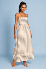 Robe longue beige rayée dos nu