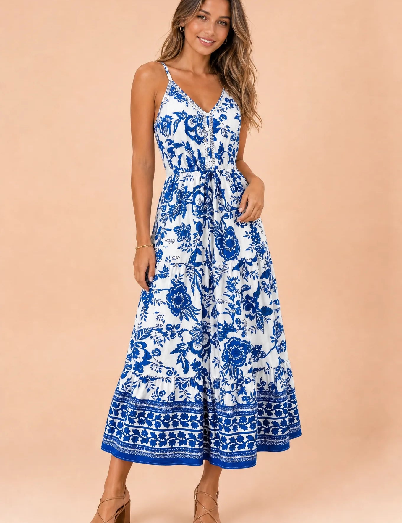 Robe longue blanche col V imprimée | Vue de face | Lounelle Paris