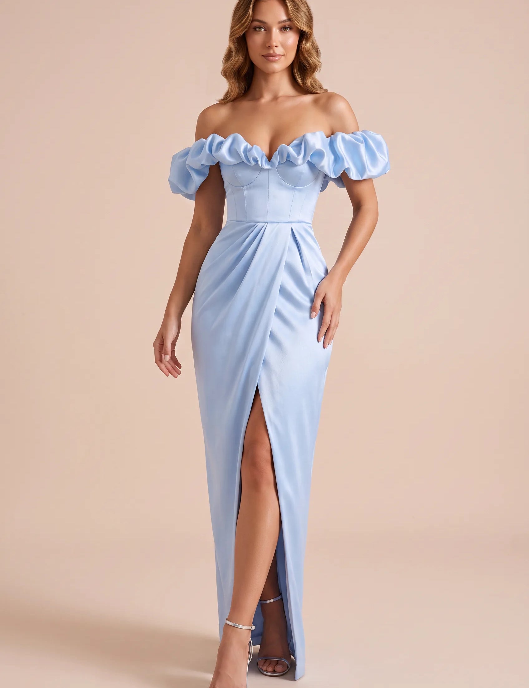 Robe longue bleue fendue épaules dénudées | Vue de face | Lounelle Paris