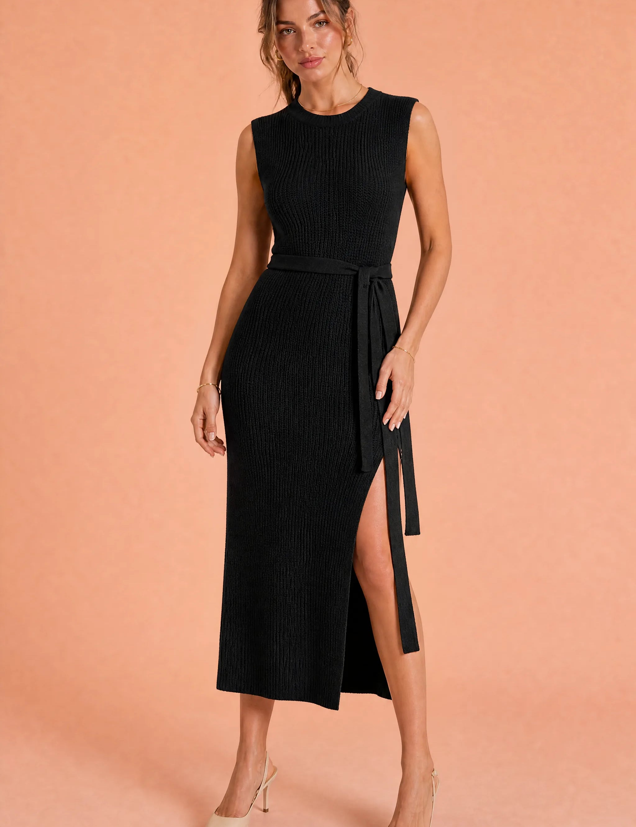 Robe longue en maille fendue | Variante Noir | Lounelle Paris