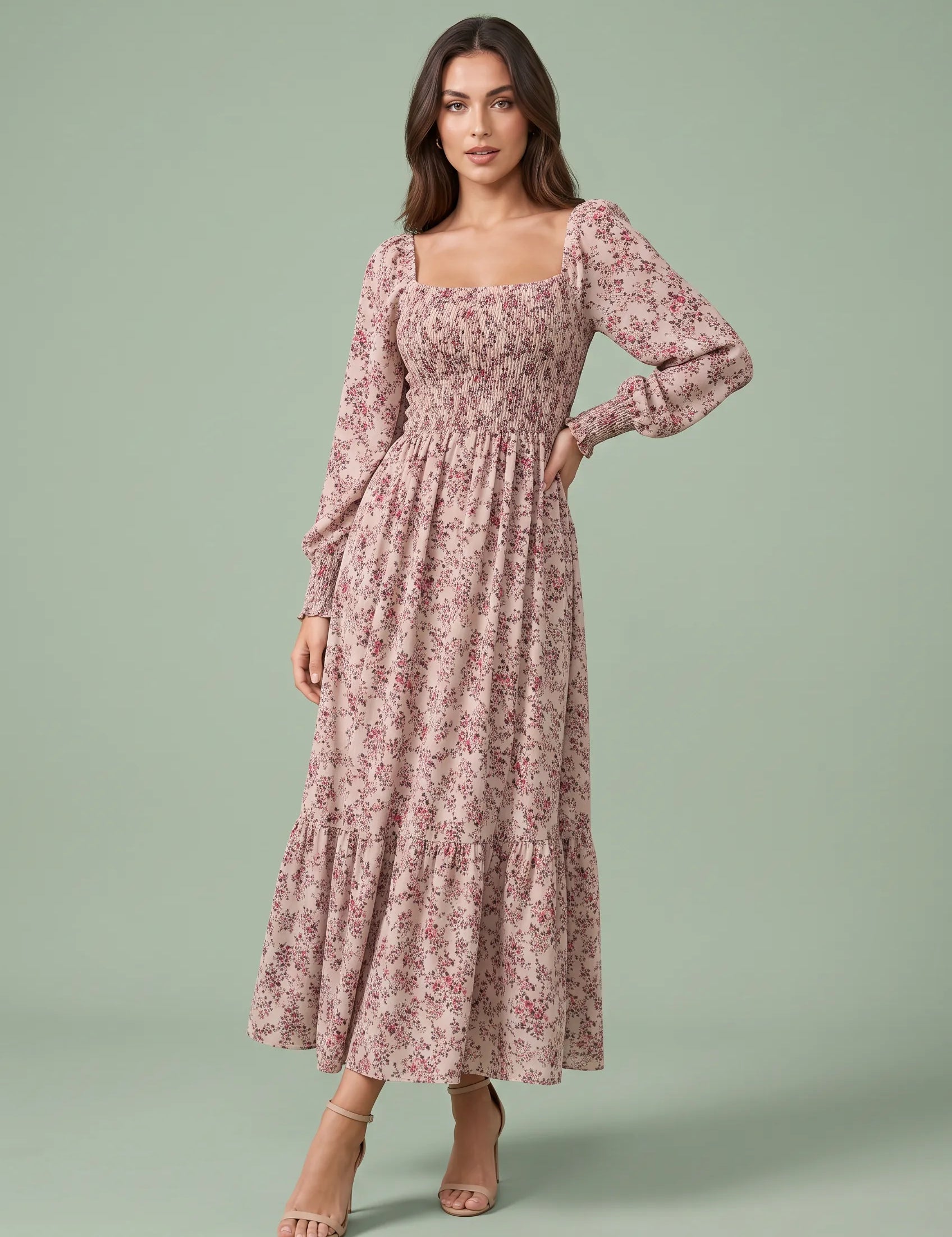 Robe longue fleurie manches bouffantes | Vue de face | Lounelle Paris