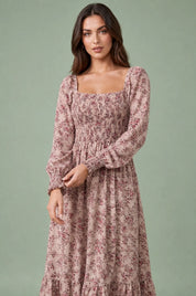 Robe longue fleurie manches bouffantes | Vue rapprochée | Lounelle Paris