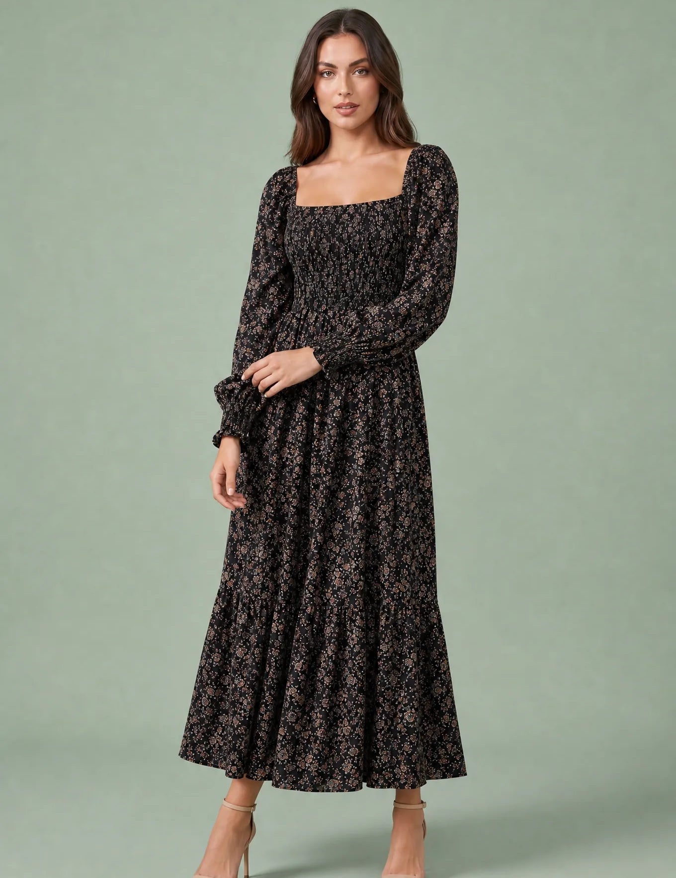 Robe longue fleurie manches bouffantes | Variante Noir | Lounelle Paris