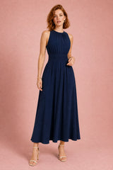 Robe longue fluide taille drapée