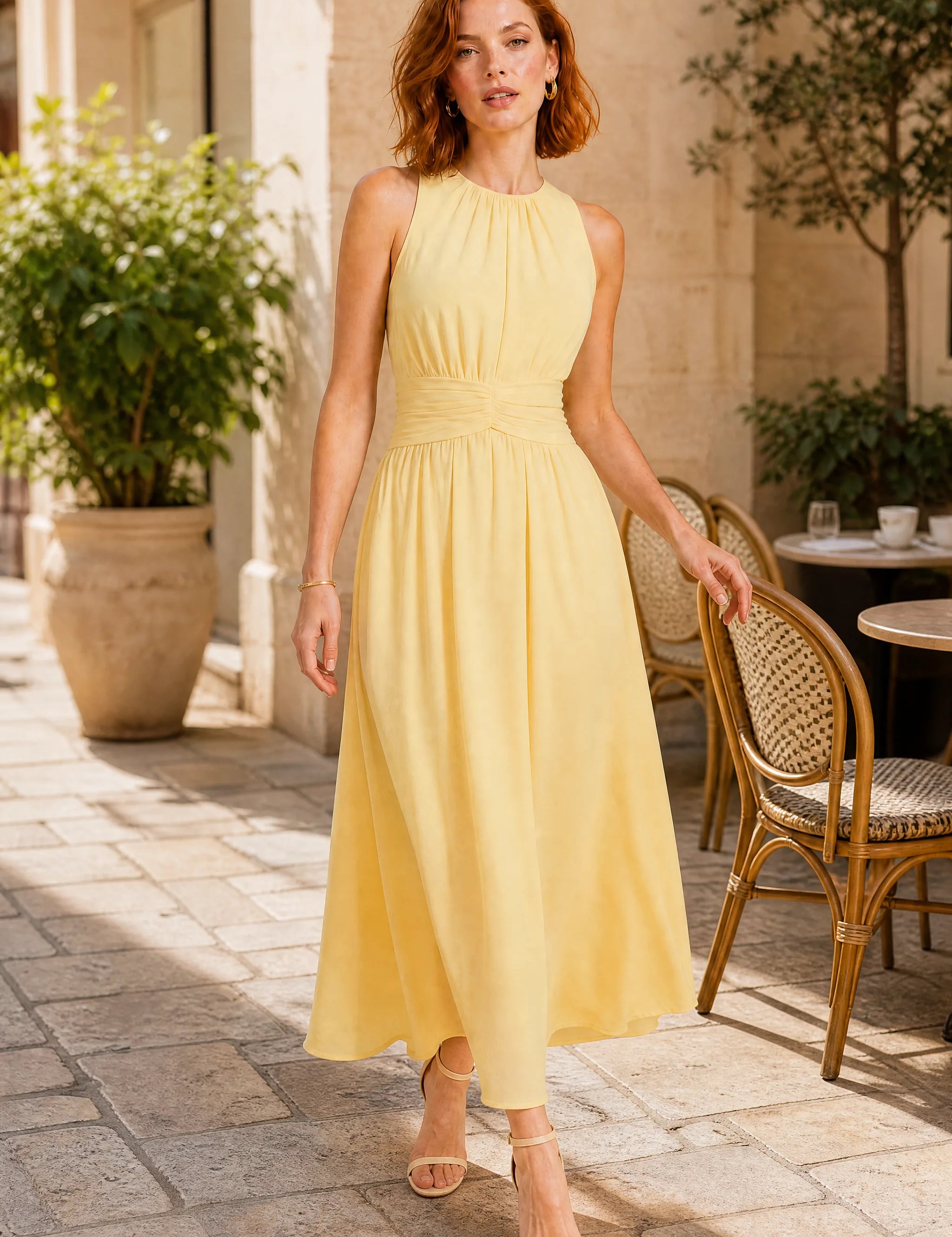 Robe longue fluide taille drapée | Variante Jaune - Lifestyle | Lounelle Paris