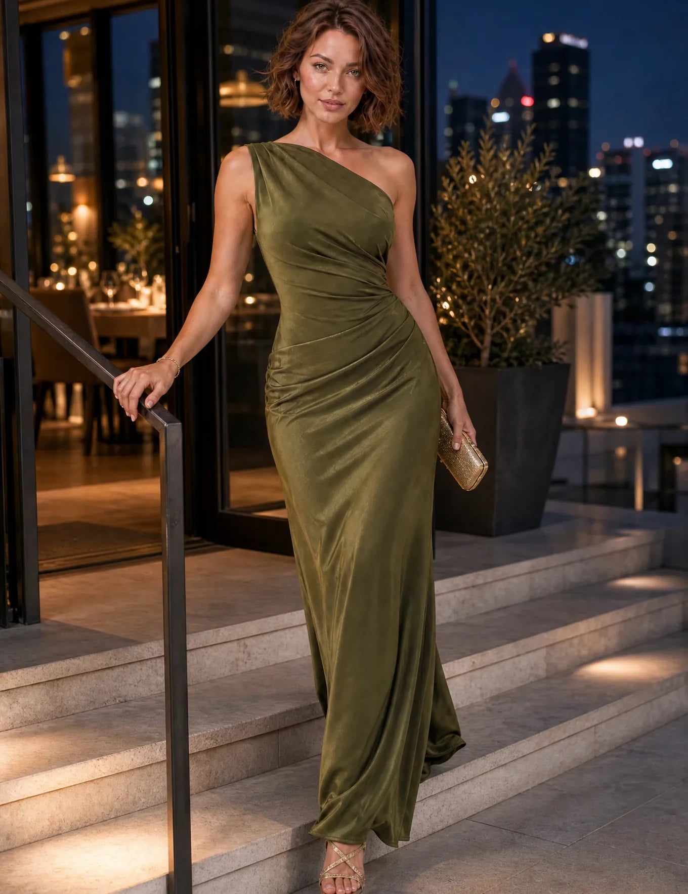 Robe longue satinée à une épaule | Variante Vert - Lifestyle | Lounelle Paris