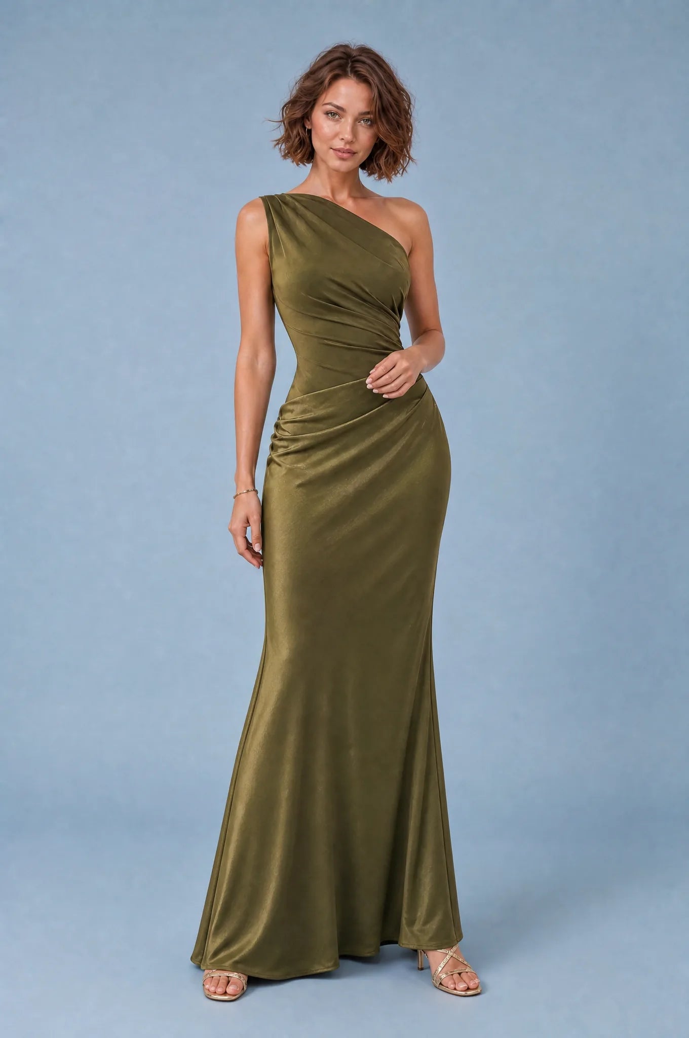 Robe longue satinée à une épaule | Variante Vert | Lounelle Paris