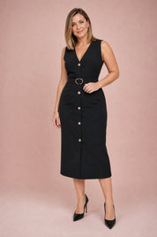 Robe noire col V ceinturée | Porté sur une autre silhouette | Lounelle Paris